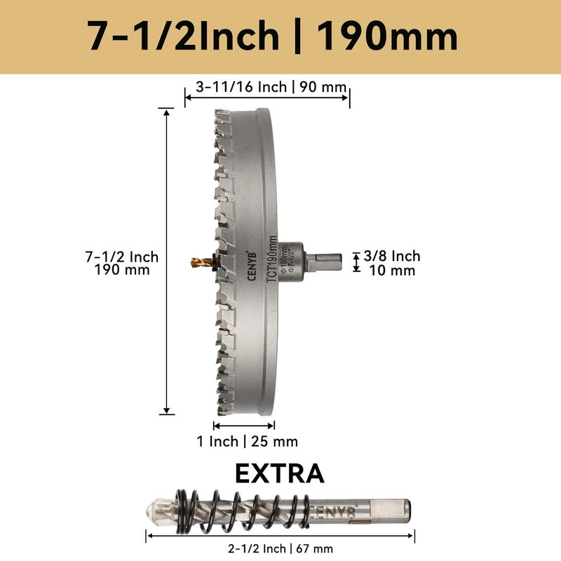 cenyb 7-1/2" (190mm) Tungsten Carbide Tipped Hole Saw with 2Pcs Titanium-Plated Pilot Drill Bits for Hard Metal,Stainless Steel,Iron,Aluminum Alloy,Wood and Plastic - Image 2